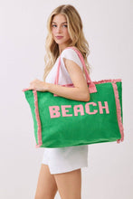 Load image into Gallery viewer, MB0330 Terry Cloth Fringe Beach Tote Bag: Green - South Main Boutique