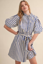 Load image into Gallery viewer, STRIPED RUFFLED BUTTON DOWN MINI DRESS MDR4483: COBALT BLUE STRIPE / L - South Main Boutique
