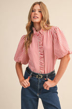 Load image into Gallery viewer, STRIPED RUFFLED BUTTON DOWN TOP MTP4692: BERRY RED / S - South Main Boutique
