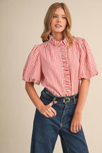 Load image into Gallery viewer, STRIPED RUFFLED BUTTON DOWN TOP MTP4692: BERRY RED / S - South Main Boutique
