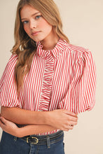Load image into Gallery viewer, STRIPED RUFFLED BUTTON DOWN TOP MTP4692: BERRY RED / S - South Main Boutique

