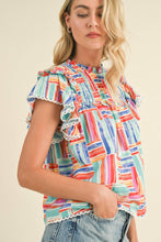 Load image into Gallery viewer, EXCLUSIVE PRINT SMOCKED YOKE RUFFLE TRIM TOP MTP3141: MINT MULTI / M - South Main Boutique
