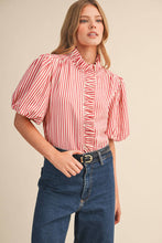 Load image into Gallery viewer, STRIPED RUFFLED BUTTON DOWN TOP MTP4692: BERRY RED / S - South Main Boutique
