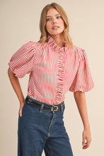 Load image into Gallery viewer, STRIPED RUFFLED BUTTON DOWN TOP MTP4692: BERRY RED / S - South Main Boutique
