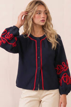 Load image into Gallery viewer, CARDI NAVY W/RED EMBROIDERY
