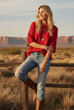 Load image into Gallery viewer, Short Sleeve Relaxed Sweater Top: RED / M - South Main Boutique
