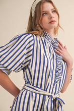 Load image into Gallery viewer, STRIPED RUFFLED BUTTON DOWN MINI DRESS MDR4483: COBALT BLUE STRIPE / L - South Main Boutique
