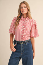 Load image into Gallery viewer, STRIPED RUFFLED BUTTON DOWN TOP MTP4692: BERRY RED / S - South Main Boutique
