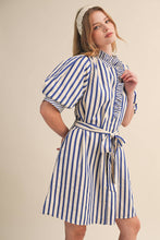Load image into Gallery viewer, STRIPED RUFFLED BUTTON DOWN MINI DRESS MDR4483: COBALT BLUE STRIPE / L - South Main Boutique
