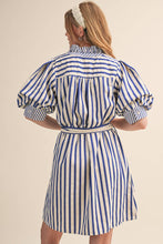 Load image into Gallery viewer, STRIPED RUFFLED BUTTON DOWN MINI DRESS MDR4483: COBALT BLUE STRIPE / L - South Main Boutique
