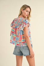 Load image into Gallery viewer, EXCLUSIVE PRINT SMOCKED YOKE RUFFLE TRIM TOP MTP3141: MINT MULTI / M - South Main Boutique
