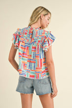 Load image into Gallery viewer, EXCLUSIVE PRINT SMOCKED YOKE RUFFLE TRIM TOP MTP3141: MINT MULTI / M - South Main Boutique
