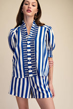 Load image into Gallery viewer, Ruffle V-Neck Smocked Puff Sleeve Blouse: Blue / L - South Main Boutique
