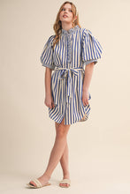Load image into Gallery viewer, STRIPED RUFFLED BUTTON DOWN MINI DRESS MDR4483: COBALT BLUE STRIPE / L - South Main Boutique
