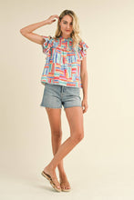 Load image into Gallery viewer, EXCLUSIVE PRINT SMOCKED YOKE RUFFLE TRIM TOP MTP3141: MINT MULTI / M - South Main Boutique
