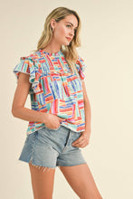 Load image into Gallery viewer, EXCLUSIVE PRINT SMOCKED YOKE RUFFLE TRIM TOP MTP3141: MINT MULTI / M - South Main Boutique
