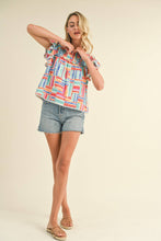 Load image into Gallery viewer, EXCLUSIVE PRINT SMOCKED YOKE RUFFLE TRIM TOP MTP3141: MINT MULTI / M - South Main Boutique

