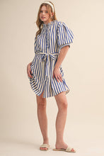 Load image into Gallery viewer, STRIPED RUFFLED BUTTON DOWN MINI DRESS MDR4483: COBALT BLUE STRIPE / L - South Main Boutique
