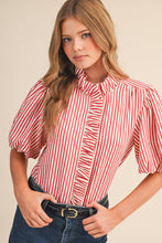 Load image into Gallery viewer, STRIPED RUFFLED BUTTON DOWN TOP MTP4692: BERRY RED / S - South Main Boutique
