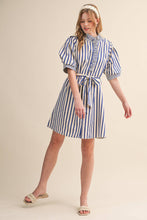 Load image into Gallery viewer, STRIPED RUFFLED BUTTON DOWN MINI DRESS MDR4483: COBALT BLUE STRIPE / L - South Main Boutique
